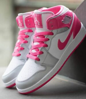 Air Jordan 1 Mid GS - White - Metallic Platinum - Dynamic Pink